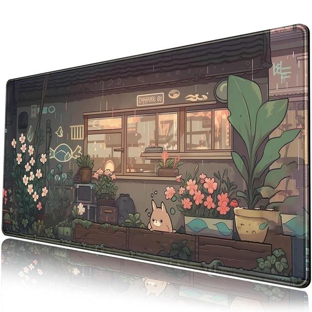 Japanese Anime Desk Mat Kawaii Cat Cute Desk Pad Green Plants Large Gaming Mouse Pad XXL Mousepad Extended Big Mouse Mat Cute Keyboard Mat Desk Decor 31.5''X15.7'' Desktop Mat