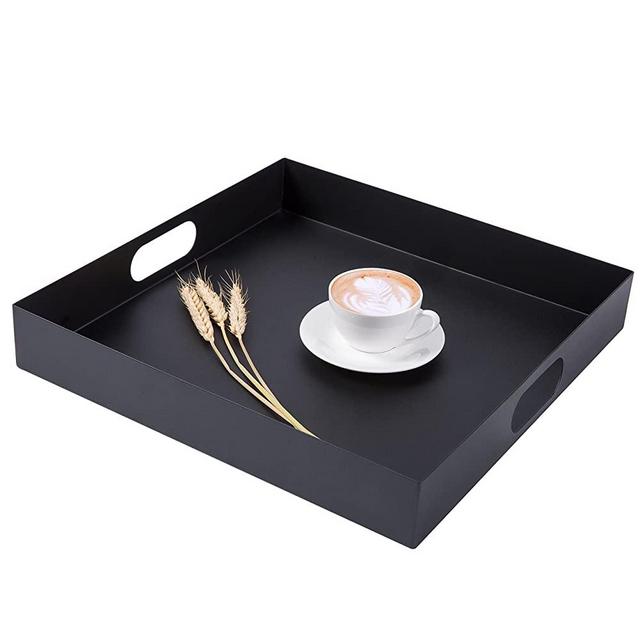MyGift 16 inch Square Metal Breakfast Serving Tray with Oval Cutout Handles, Matte Black