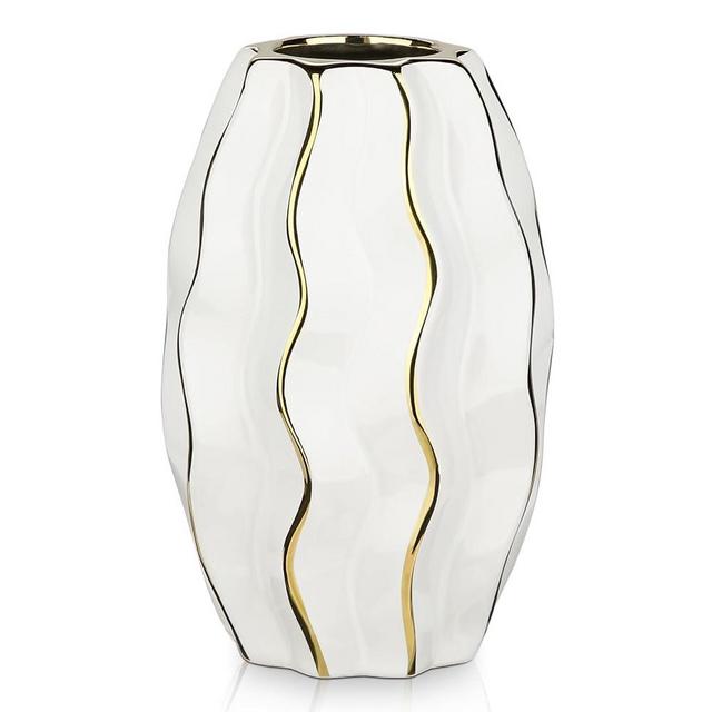 White & Gold Ceramic Flower Vase - 7.4" Modern Vertical Stripe Pottery Wave Vase | Ribbed Textured Flower Vase for Home Decor Bedroom Office Living Room Bathroom Table Centerpiece