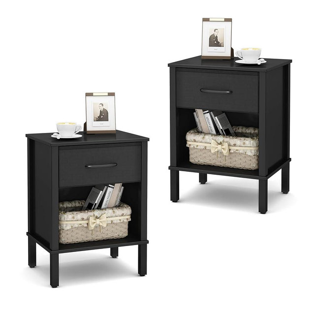 YAUKOMEL Black Nightstand Set of 2,Side Table with Fabric Drawer,Black End Table with Open Storage,Modern Bedside Table for Living Room,Bed Room,Small Space 11.4" x 15.3" x 21.6" Black CTG68BB-2
