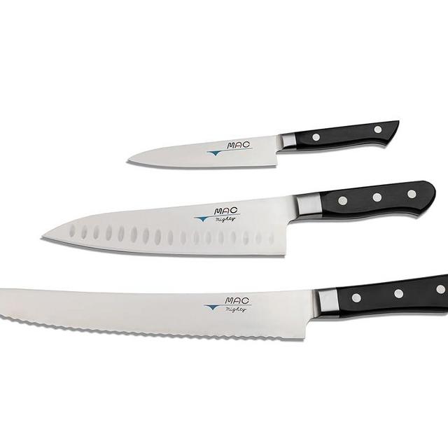 MAC Knife set Professional series 3-piece PRO-31, MTH-80 Pro series 8" Chef's knife w/dimples, PKF-50 Pro series 5" Paring knife, MSB-105 Pro series 10.5" Bread/Roast slicer, made in Japan
