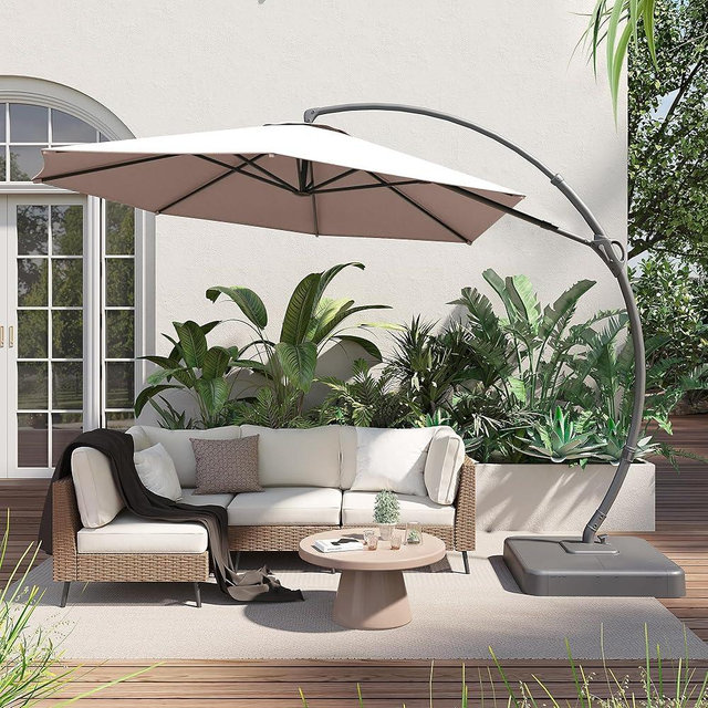 LAUSAINT HOME Outdoor Patio Umbrellas, 11FT Outdoor Umbrella with Base Included, Upgraded Curvy Aluminum Offset Cantilever Umbrella with 360° Rotation Design for Garden, Pool, Backyard, Market, Deck (Beige)