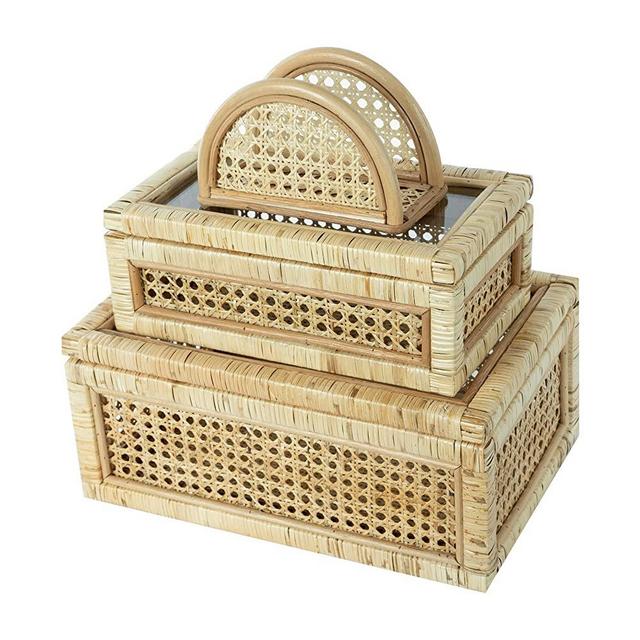 LUSYDECO Set of 2 Large Rectangular Rattan Decorative Boxes with Glass Lids Medium Cane and Rattan Display Boxes for Home Decor
