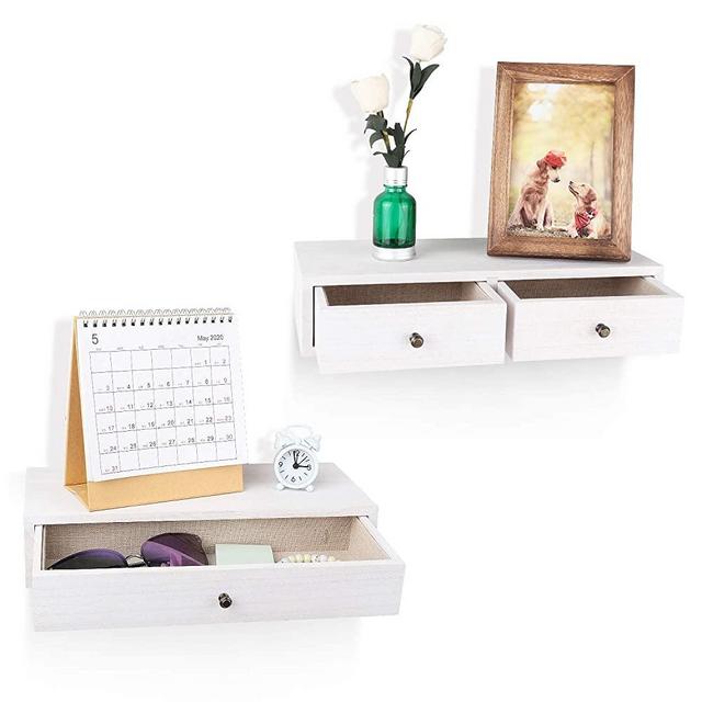 Emfogo Floating Shelf with Drawer Small Rustic Wood Wall Shelves for Storage and Display Multiuse Shelf Pack of 2 (White)