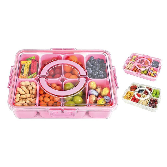 WGBP Snackle Box Container, 8 Compartment Divided Serving Tray with Lid and Handle, Snack Box Container for Candy, Fruit and Snacks, Great for Gatherings, Outings, Parties and Entertaining（Pink）