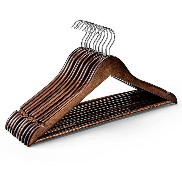 HOUSE DAY Wooden Hangers 10 Pack, Heavy Duty Walnut Coat Hangers for Closet, Smooth Finish Wooden Coat Hangers Suit Hangers with Non Slip Pants Bar, Sturdy Wood Clothes Hangers for Shirts, Wanult