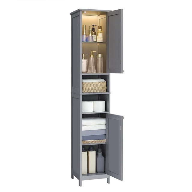 VASAGLE Tall Bathroom Cabinet with Lights, Slim Bathroom Storage Cabinet, Freestanding Narrow Cabinet with Adjustable Shelves, for Small Spaces, Modern, 11.8 Inches Wide, Dove Gray UBBC566G02