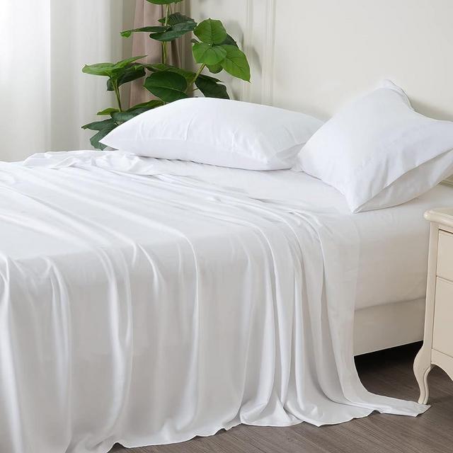 PHF Cooling Bamboo_ Sheets Set King Size, 4 Piece Silky Soft Viscose from Bamboo_ Bed Sheets Set, 1800 Thread Count 16 Inch Deep Pockets, Ultra Soft Smooth Breathable Bedding Sheets, White
