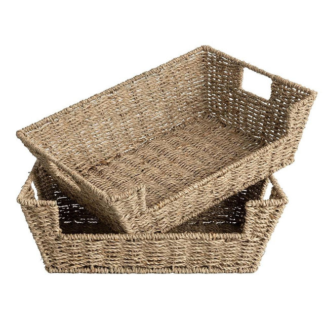 StorageWorks Seagrass Baskets for Organizing with Built-in Handles, Stackable Wicker Pantry Baskets for Shelf, Pantry Organizers and Storage for Shelves,2-Pack