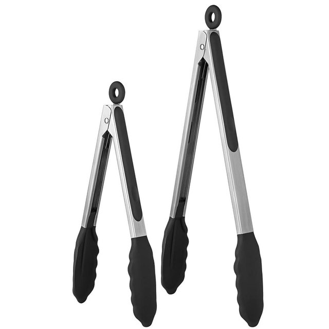 600℉ Heat Resistant Kitchen Tongs: U-Taste 9+12 inch Silicone Cooking Tong Set with Firm Sealed Non Stick Rubber Tips and Silicon Coated 18/8 Stainless Steel Handle for Serving Grilling Salad (Black)