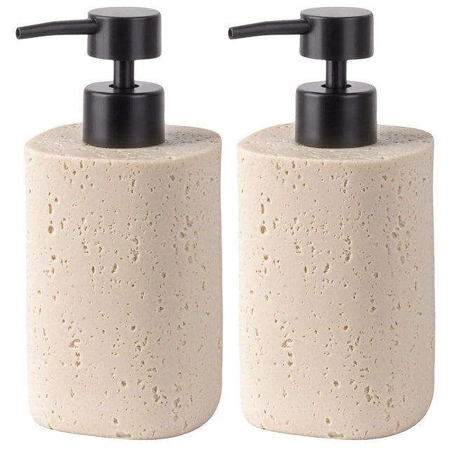 Clasin Home 2 Pack Beige Resin Soap Dispensers, Refillable Liquid Lotion Dispenser Bottles with Travertine-Look for Bathroom and Kitchen Countertop, Modern Stone Texture (10.8 oz)