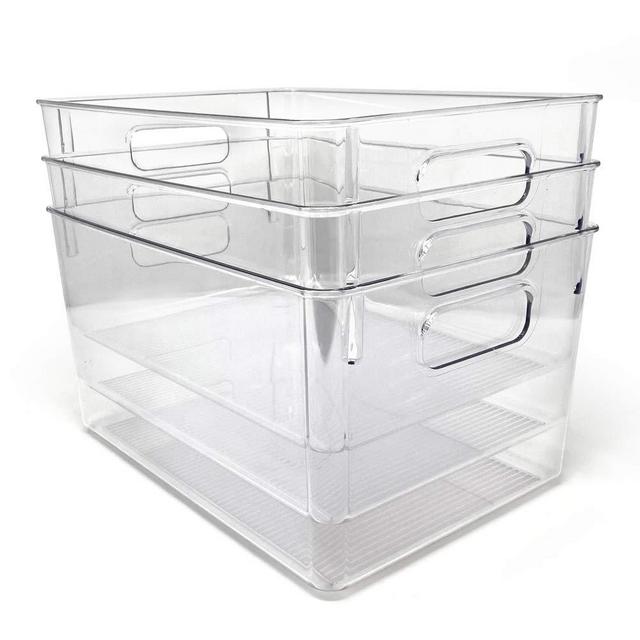 Isaac Jacobs 3-Pack Large Clear Storage Bins with Handles, Plastic Organizer for Home, Room, Office, Fridge, Kitchen/Pantry Non-Slip Container Set, Food Safe, BPA Free (3-Pack, Large)