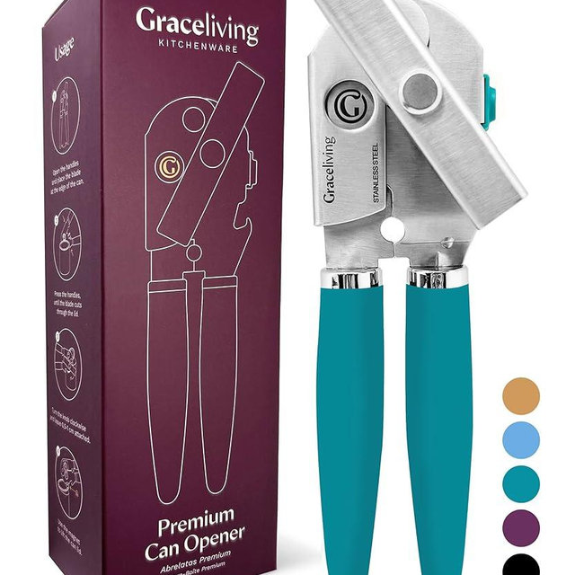Graceliving Premium Multifunctional Magnetic Manual Can Opener and Bottle Opener, Heavy Duty Stainless Steel Sharp Cutting Blade and Oversized Easy Turn Knob, Soft-Touch Handle, Kitchen Use, Teal