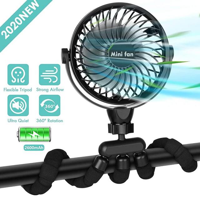 Portable Handheld Fan, 2600mAh Battery Powered Personal Desk Baby Fan Air Circulator Fan with Flexible Tripod, Ultra Quiet 4 Speed 360° Rotatable USB Fan for Stroller Office Camping Hurricane Outage,Black