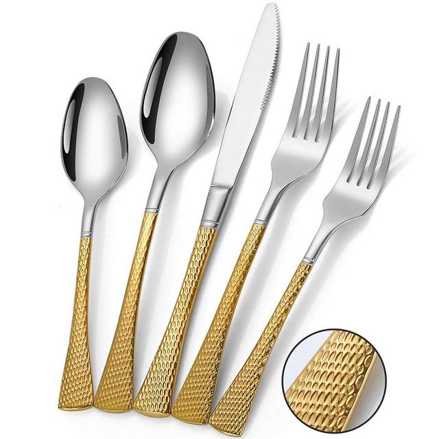 Lemeya Hammered Silver Gold Silverware Set for 4,Stainless Steel 20-Piece Modern Cutlery Set,Mirror Polished Heavy Duty Flatware Set Utensil Set,Knives Spoons and Forks Set,Dishwasher Safe