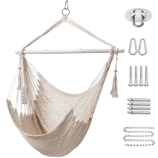 Lazy Daze Hammocks Chair Caribbean Hanging Rope Swing Chair, 40" Removable Steel Spreader Bar with Anti-Slip Rings, Soft-Spun Cotton Rope for Indoor/Outdoor Backyard & Living Room, Max 500 LBS, Beige