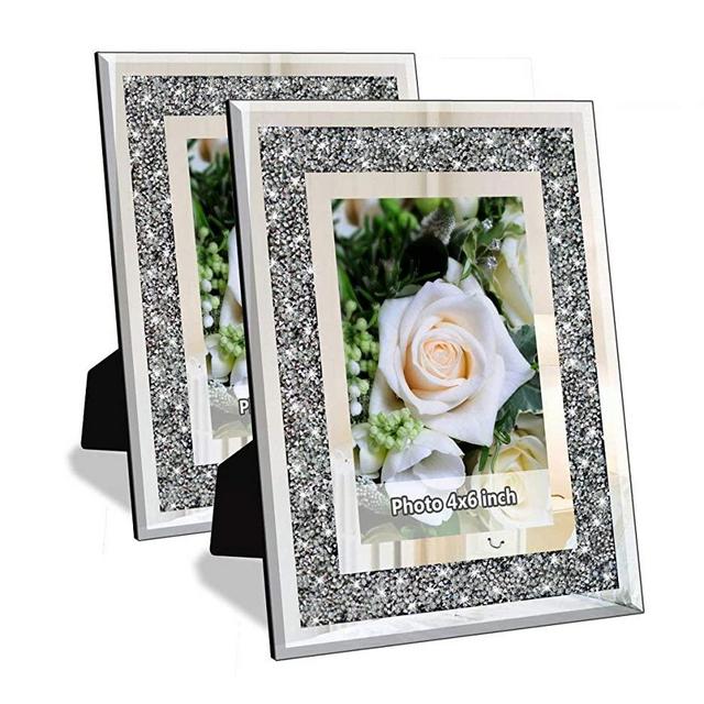 Crush Diamond Mirror Photo Frame In Bling Sparkle Crystal Silver Glass Finish, For Picture Size 4x6 inch, Pack of 2 Piece, table top Stand frame & Wall Frame.