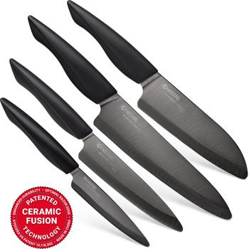 Innovation Soft Grip 4 Piece Ceramic Knife Set - Black 4.5" Utility, 5" Slicing, 5.5" Santoku and 7" Chef's Knife