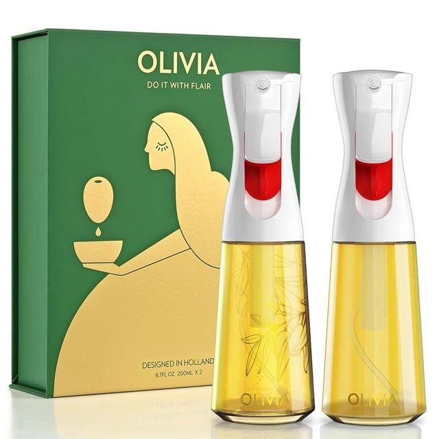 FLAIROSOL OLIVIA Oil Sprayer for Cooking, 2 Pack Glass Olive Oil Sprayer, 200ML Oil Dispenser for Kitchen, Continuous Oil Spray Bottle with Portion Control for Air Fryer, Salad, BBQ, White