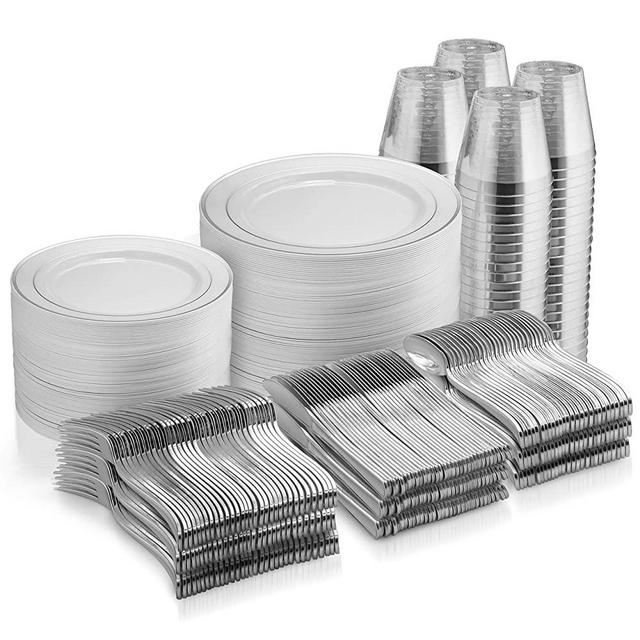 600 Piece Silver Dinnerware Set -100 Silver Rim 10 inch Plastic Plates 100 Silver Rim 7 Inch Plates -300 Silver Plastic Silverware -100 Silver Plastic Cups -100 Guest Disposable Silver Dinnerware Set