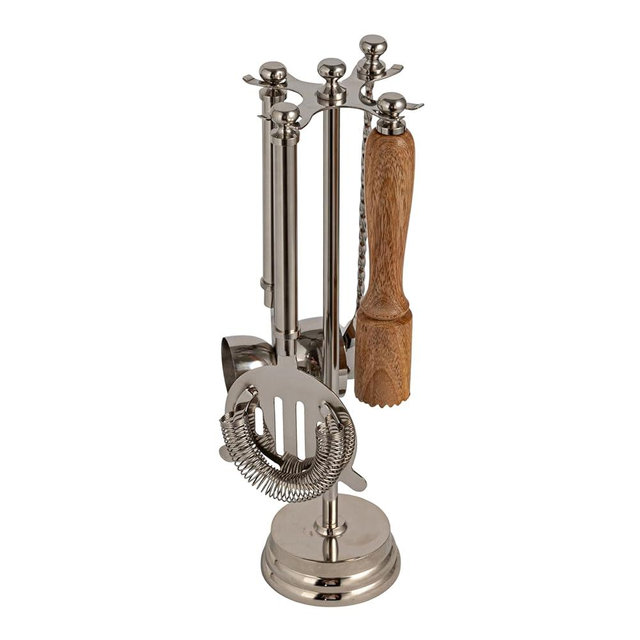 Creative Co-Op 5-Piece Stainless Steel and Mango Wood Bar Tools with Stand, Nickel Finish and Natural