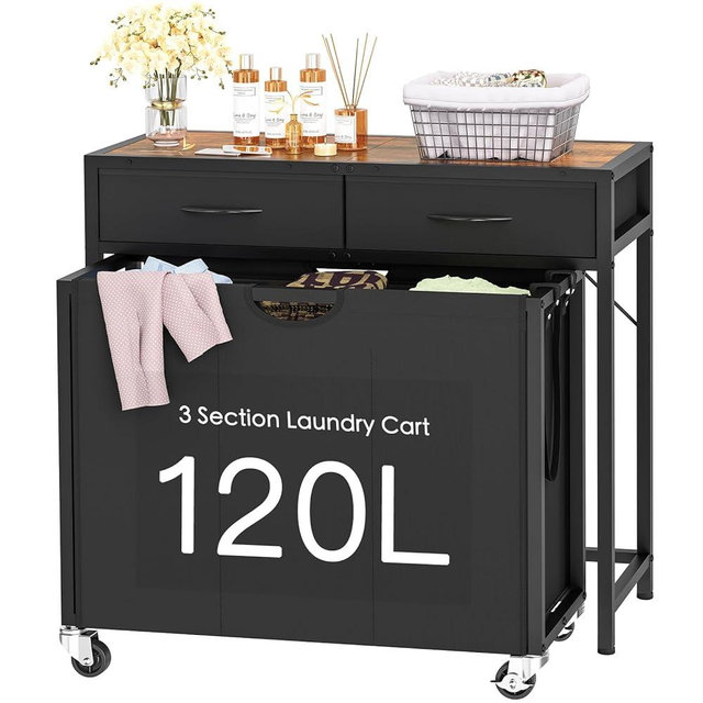 Laundry Sorter, Rolling Laundry Hamper with 3 Section Pull-Out Bags, Laundry Basket Organizer with 2 Drawers & 2-Tone Top Panel, Laundry Hamper with Wheels for Laundry Room Organization, Bathroom