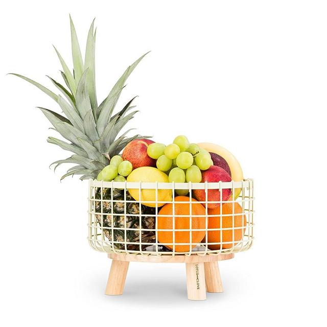 LOTUSANDCLOVE Fruit Bowl for Kitchen Countertop, Metal Wire Round Fruit Basket with a Wooden Base, Modern, Decorative Fruit and Vegetable Bowl Basket Organizer, Cream