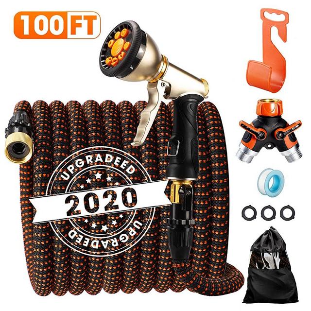 Delxo 2020 Upgrade100FT Expandable Garden Hose Water Hose with 9-Function High-Pressure Spray Nozzle, Heavy Duty Flexible Hose, 3/4" Solid Brass Fittings Leakproof Design