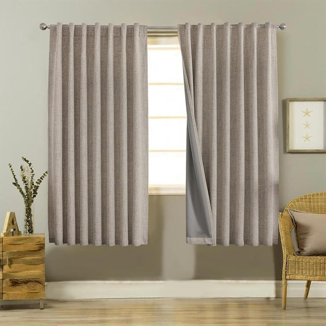Joydeco 100% Black Out Curtains 72 inch Long 2 Panels Burg Natural Blackout Linen Drapes for Bedroom Living Room Darkening Curtain Thermal Insulated Back tab Rod Pocket(52x72 inch,Linen)