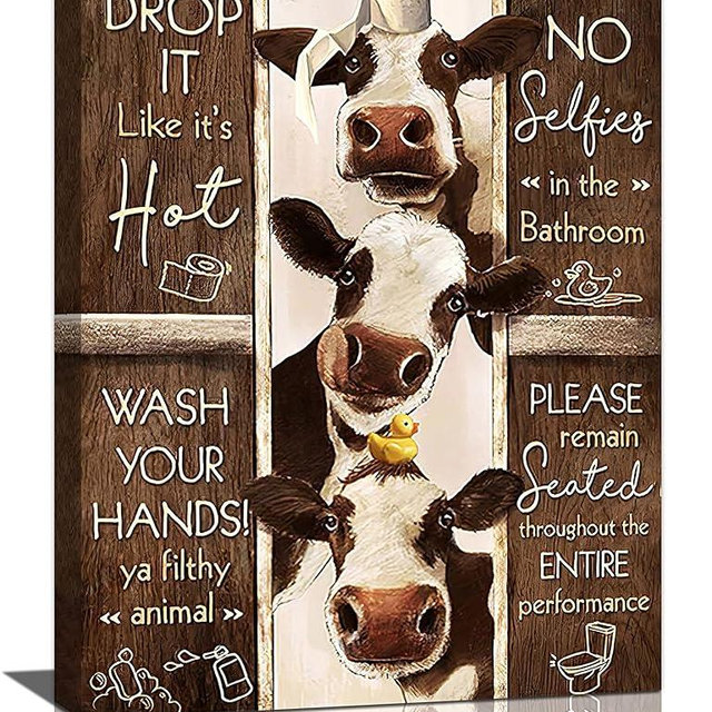 Farmhouse Cow Bathroom Decor Wall Art Rustic Cow Bathroom Pictures Funny Bathroom Decorations Canvas Print Painting Modern Home Framed Artwork 12"x16"