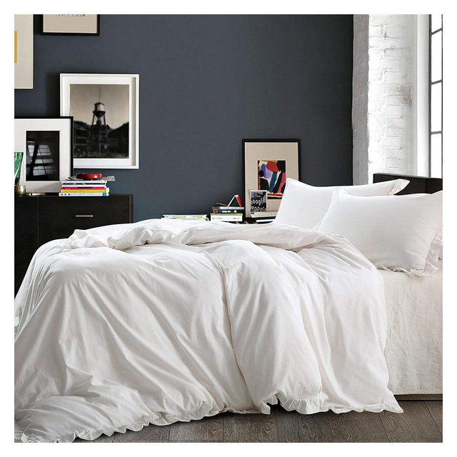 3 Piece Linen Duvet Cover Set, Bedding Set with Exquisite Ruffles Design, King, Ivory - NTBAY