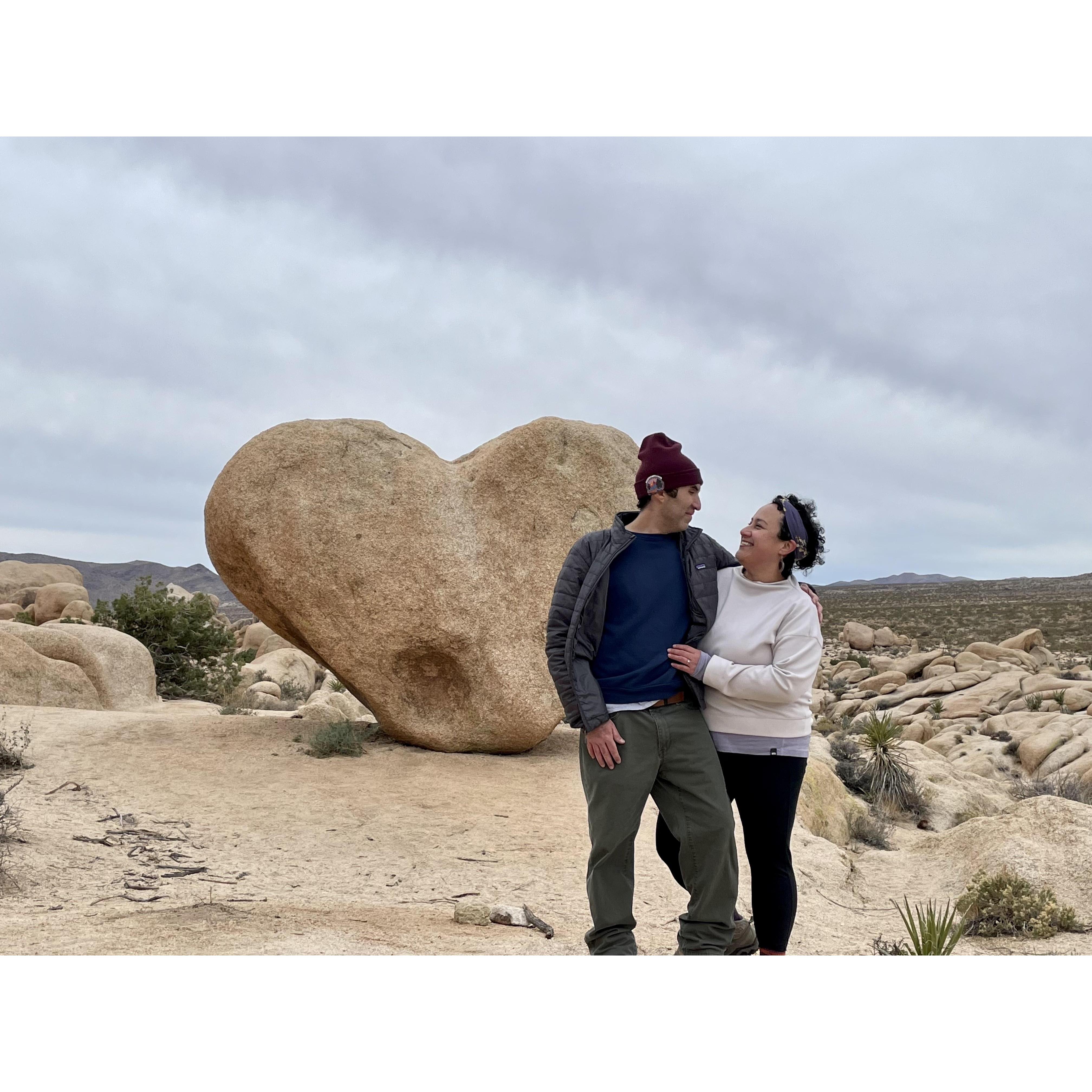 He proposed. I said, YES! We went on a hike searching for a rock and I came back with one on my finger. @Joshua Tree National Park