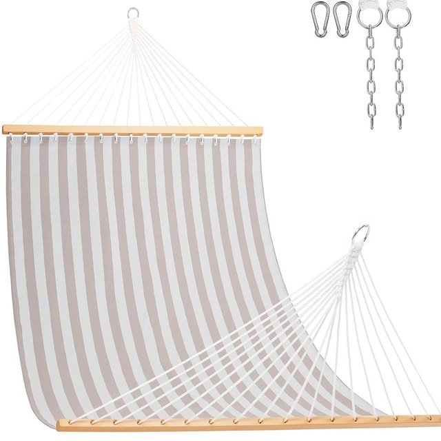 Lazy Daze Hammocks Quick Dry Hammock with Spreader Bar Textliene Fabric Double 2 Person Hammock with Chains Outdoor Patio Poolside Backyard Beach 450 lbs Capacity, Beige White Stripes