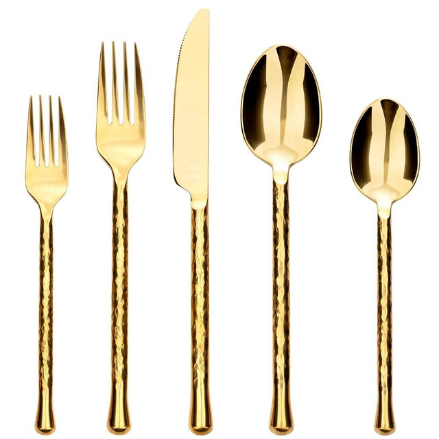 LINZOM Glam Forged 20-Piece Titanium Gold Silverware Set, 18/10 Stainless Steel Flatware Service for 4, Shiny Gold Flatware, Unique Cutlery Set for Home Kitchen Restaurant Wedding, Dishwasher Safe
