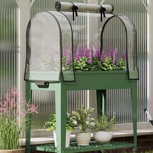 Raised Garden Bed with Greenhouse Cover, Large Metal Outdoor Elevated Planter Box with Lockable Wheels, Storage Shelf and Drainage Hole for Vegetables, Flowers, Herbs, Green - Green