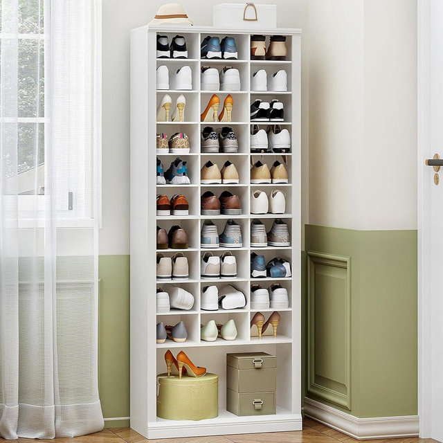 Hzuaneri 11 Tiers Shoe Storage Cabinet, Tall Shoes Cabinet with Cubby, Freestanding Wooden Shoe Organizer, 30-33 Pairs, Shoes Cubby Organizer for Entryway, Bedroom, White SR39303X
