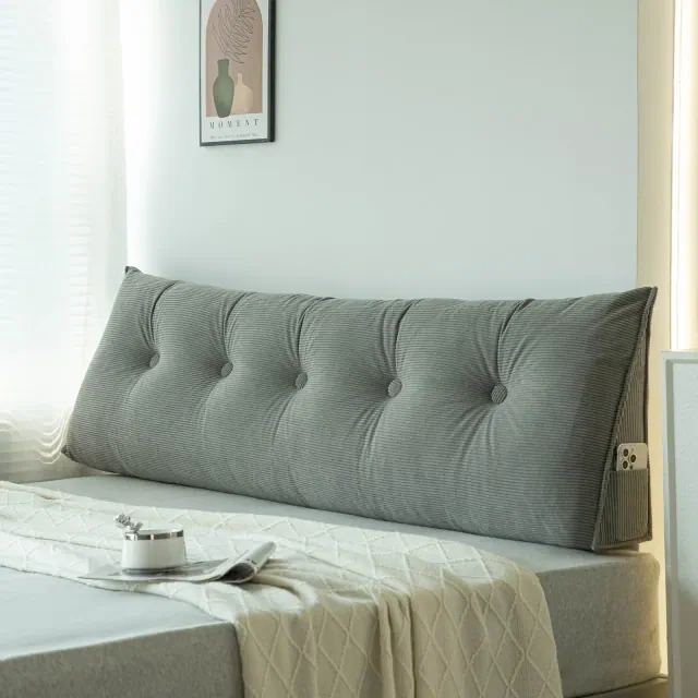 Bekrvio 78.7" Corduroy Wedge Headboard Pillow with Side Pocket, Soft Reading Backrest Cushion with Removable Cover for Bed, Triangular Bed Rest, Grey