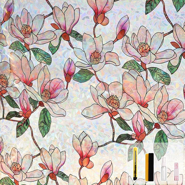 Kromapolis Window Privacy Film, Stained Glass Sticker Floral Window Clings, Decorative Static Clings UV Blocking Colorful Decals, Removable Vinyl Covering Rainbow Magnolia Flowers, 17.5'' x 78.7''