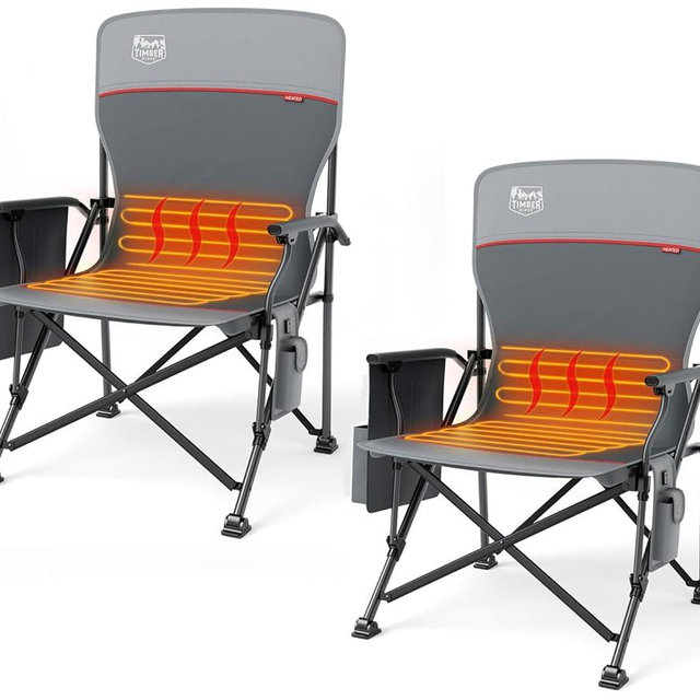 TIMBER RIDGE Oversized 2 Pack Heated Camping Chair for Outdoor Sports, High Back Padded Lawn Chair for Adults Support Up to 500lbs with Cup Holder, Side Pocket(Power Bank not Included)