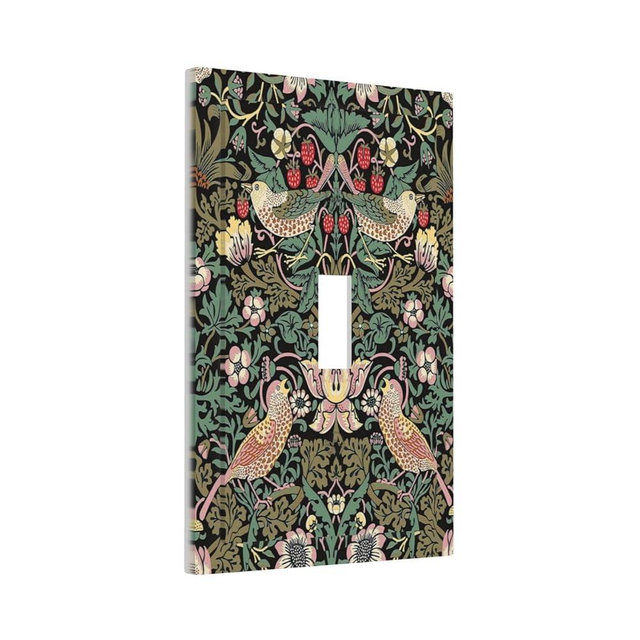 Morris Vintage Floral Strawberry Birds Botanical 1 Gang Light Switch Cover Decorative Olive Single Toggle Wall Plate Electrical Switchplate Home Decor for Living Room Bedroom Decorate