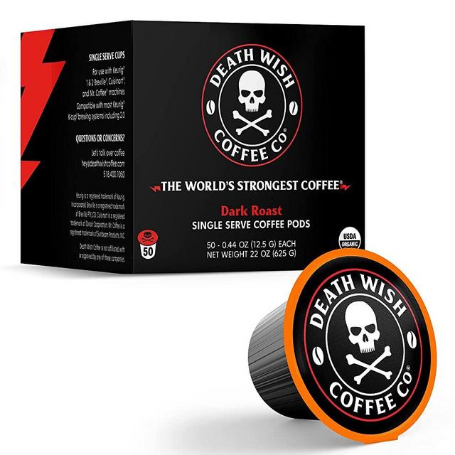 DEATH WISH Death Cups [50 Count] Single Serve Coffee Pods, World’s Strongest Coffee, Dark Roast, Capsule Cup, USDA Certified Organic, Fair Trade, Arabica and Robusta Beans