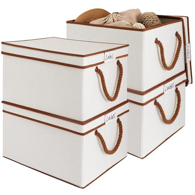 LoforHoney Home Fabric Storage Baskets with Lids, Fabric Storage Bins with Cotton Rope Handles, Collapsible Storage Bins for Organizing, XLarge, Beige, 4-Pack