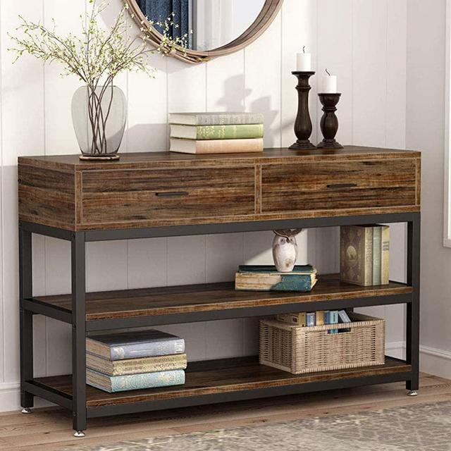 Tribesigns Rustic Console Sofa Table with Drawers, Industrial TV Stand 2 Shelf Hallway Entryway Table with Storage
