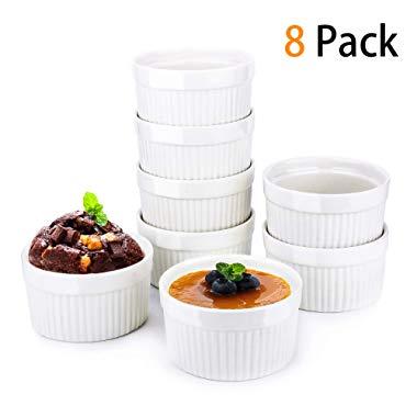 6 Oz Ramekin Bowls,8 PCS Bakeware Set for Baking and Cooking, Oven Safe Sleek Porcelain White Ramikins for Pudding, Creme Brulee, Custard Cups and Souffle Small instant table tray