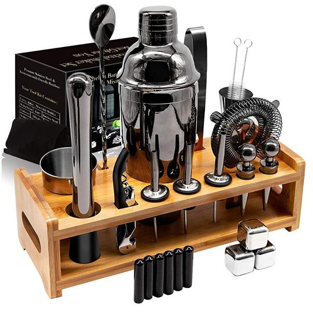 26Pcs Stainless Steel Cocktail Bar Tool Set,Perfect Bar Accessories for Home Bar Set and Martini Mixer Kit with Bamboo Stand for Making Awesome Drink Mixing Experience Ideal Gift Set (Black)