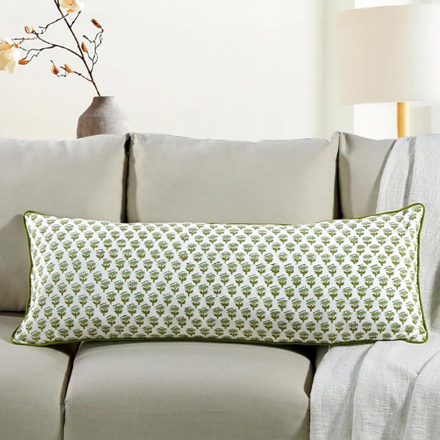 CPC Emerald Green 100% Cotton Block Print Sham Cover 14x36 inch, Handmade Boho Floral Pillowcase, Farmhouse Cottagecore Bedding, Soft Decorative Cushion Cover for Bedroom Décor