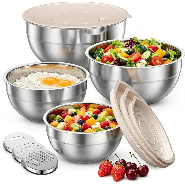 Winproper Stainless Steel Mixing Bowls with Lids Set, 4 Pack Cooking Bowls | Nesting Mixing Bowls with 3 Grater Attachments, Kitchen Airtight Metal Bowls, Size 4.5, 2.7, 1.5, 0.7QT for Mixing, Baking
