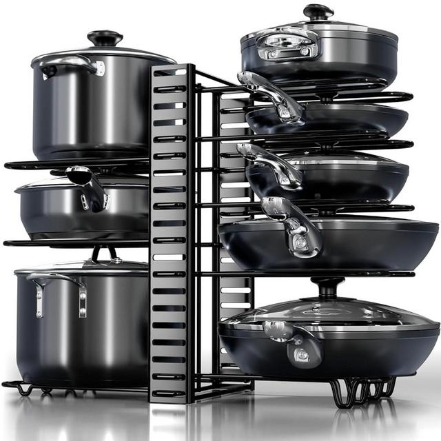 Pots and Pans Organizer Under Cabinet - 8-Tier Adjustable Pan Organizer Rack for Cabinet - Heavy Duty Pot & Pan Organizer - Perfect to Store Pots, Pans, Lids - Easy Kitchen Organization and Storage