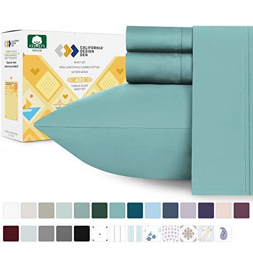 California Design Den Pure Cotton Teal Queen Sheets - 4 Piece 400 Thread Count Breathable Bed Sheet Set, Hotel Quality Sateen Weave, Elasticized Deep Pocket Fits Low Profile Foam and Tall Mattresses
