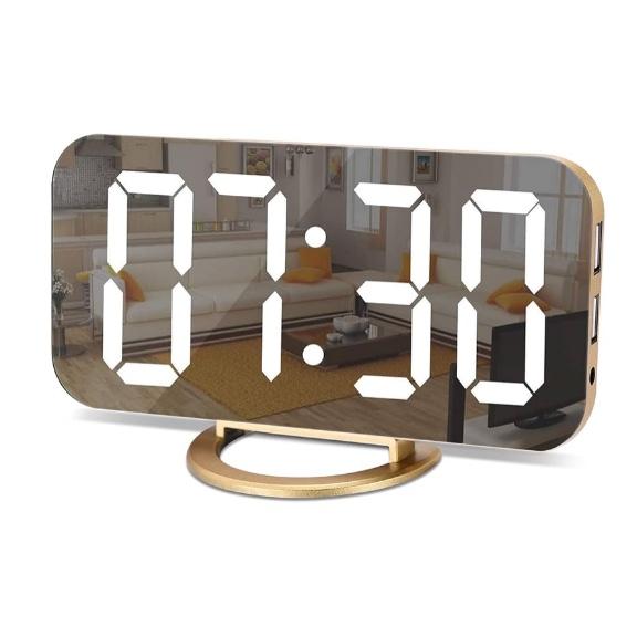 SZELAM Digital Alarm Clock,LED and Mirror Desk Clock Large Display,with Dual USB Charger Ports,3 Levels Brightness,12/24H,Modern Electronic Clock for Bedroom Home Living Room Office - Gold